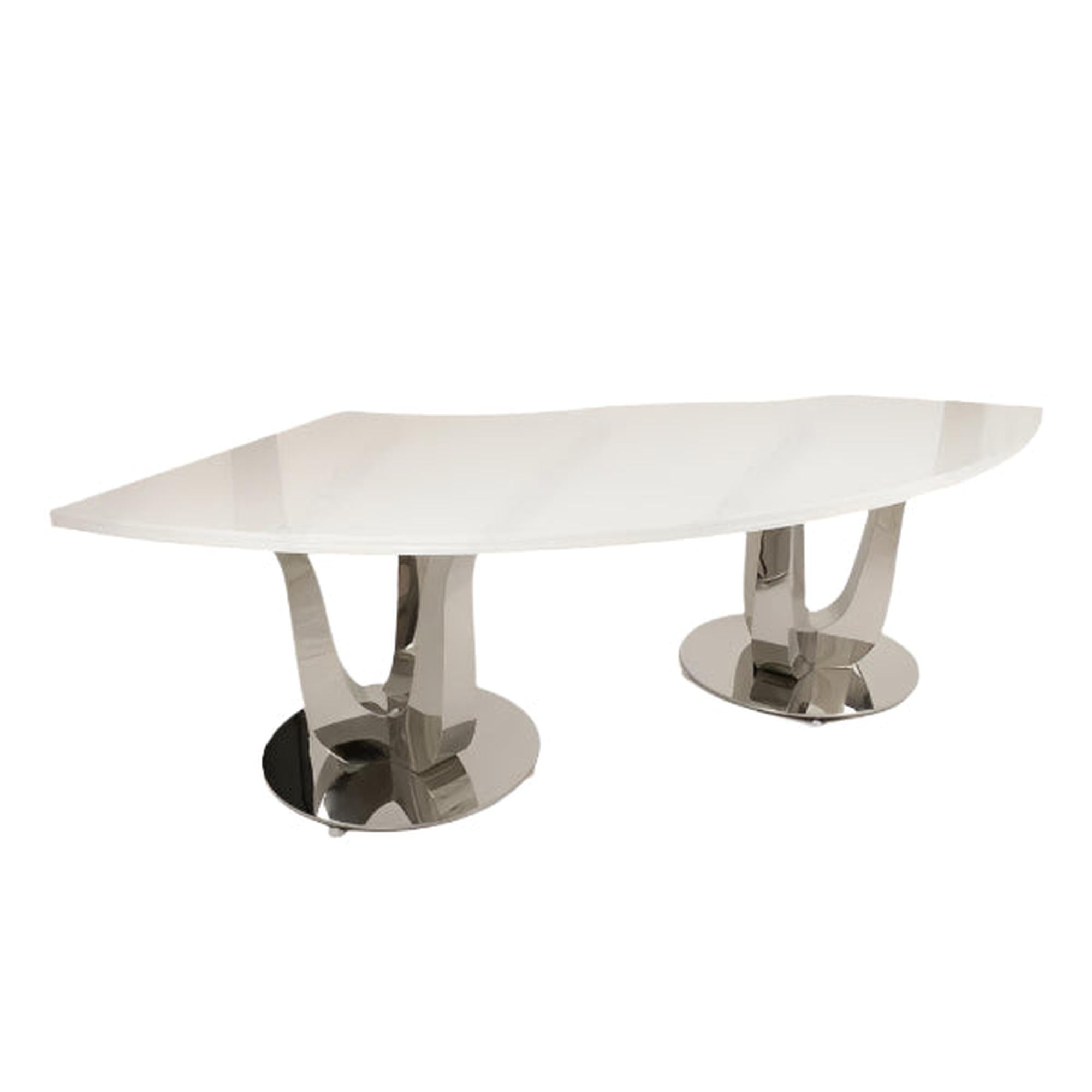8′ White Lacquer Serpentine Table w/ Silver Trifid Base