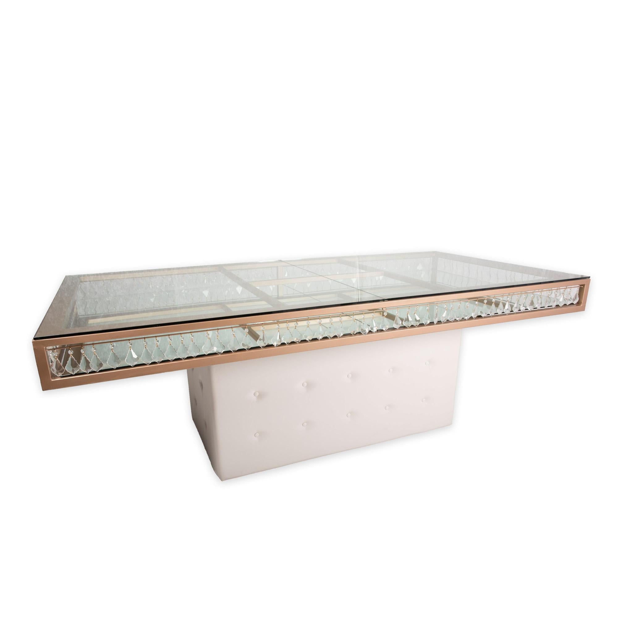 8′ Gold Chandelier Table w/ White Tufted Base