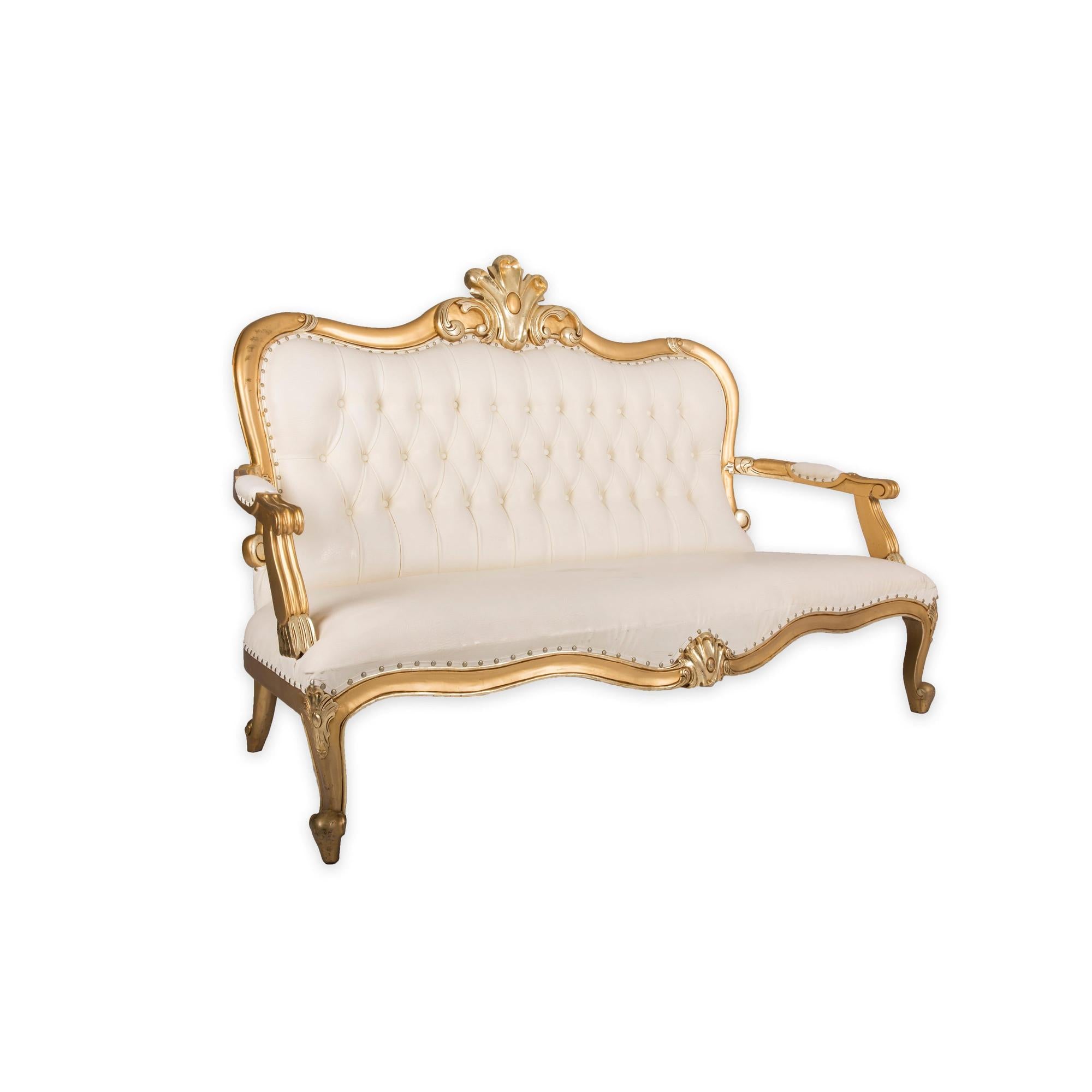 Ivory Leather Loveseat w/Gold Frame