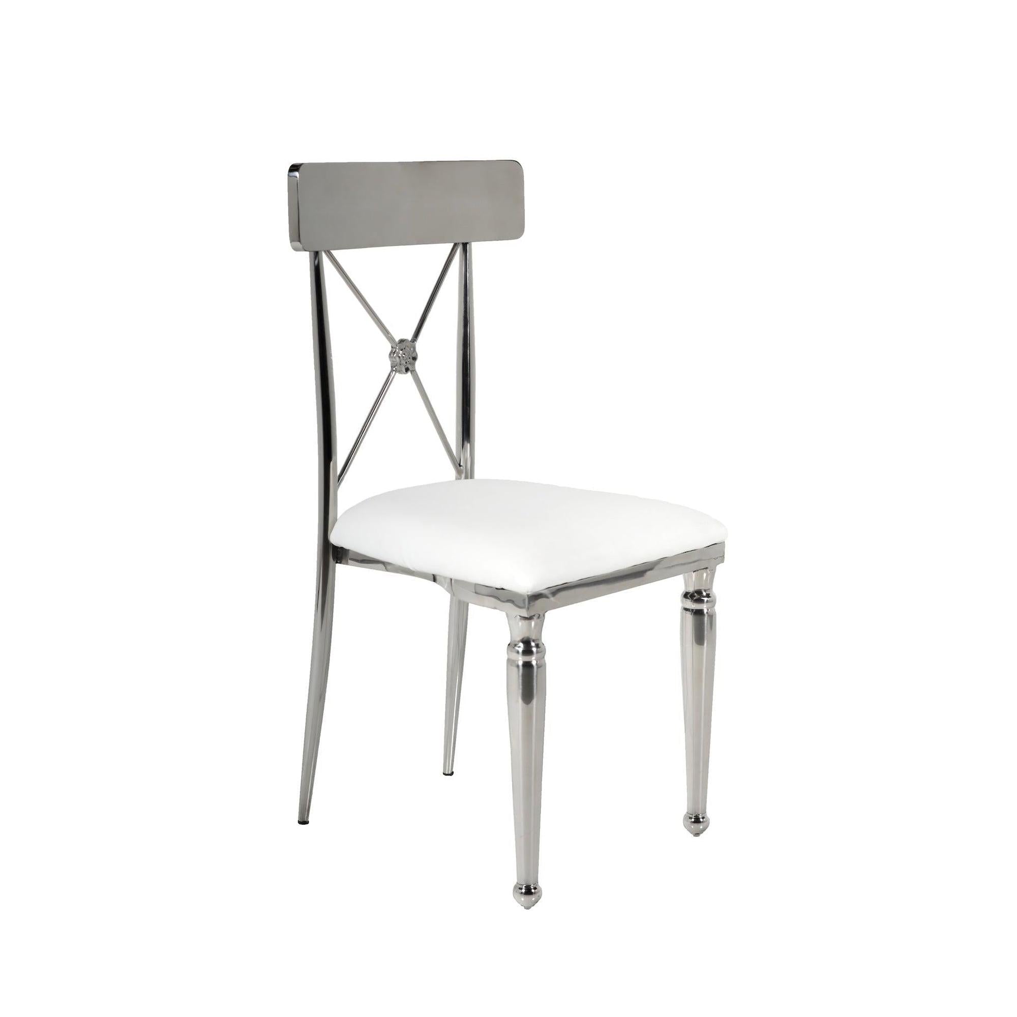 Silver Metal X-Back Chair w/ White Leather Seat