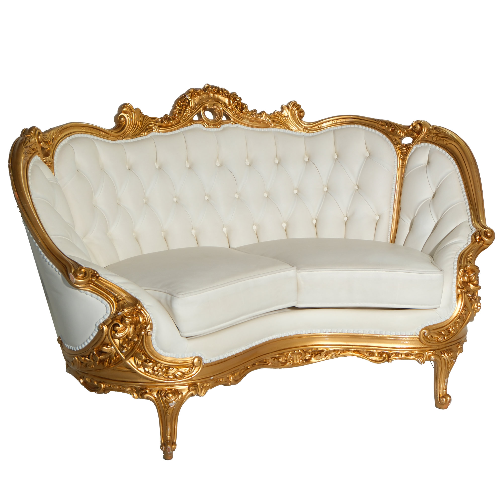 White Leather Loveseat w/ Gold Frame